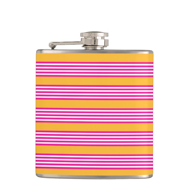 Fuchsia and yellow five stripes pattern hip flask (Front)