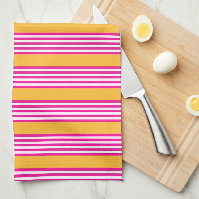Fuchsia and yellow five stripes pattern kitchen towel (Quarter Fold)