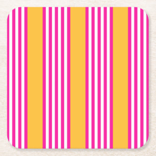 Fuchsia and yellow five stripes pattern square paper coaster