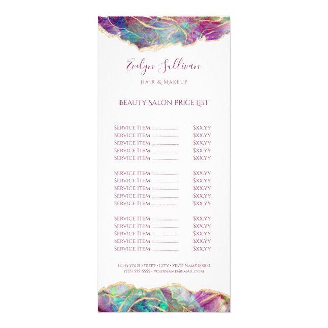 Fuchsia aquamarine opal design price list rack card (Front)
