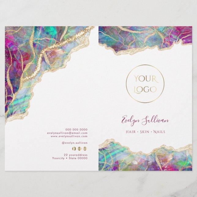 Fuchsia aquamarine opal service menu brochure (Front)