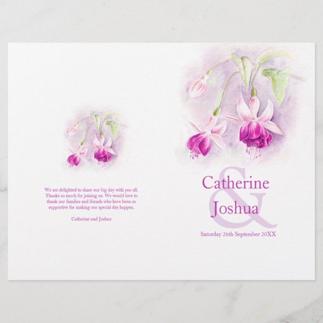 Fuchsia aquarelle rose violet programme de mariage (Devant)