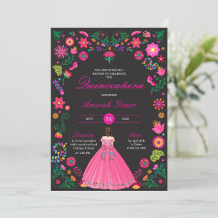 Fuchsia & Black Embroidery Quinceañera Invitation