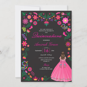 Fuchsia & Black Embroidery Quinceañera Invitation