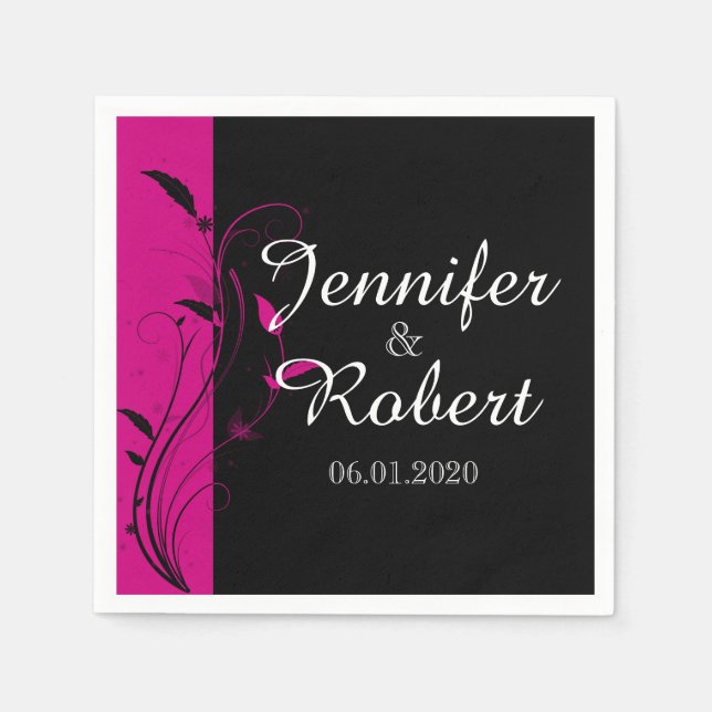 Fuchsia Black Floral Filigree Wedding Napkin (Front)