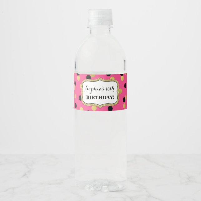 Fuchsia Black Gold Confetti Custom Birthday Party Water Bottle Label (Front)