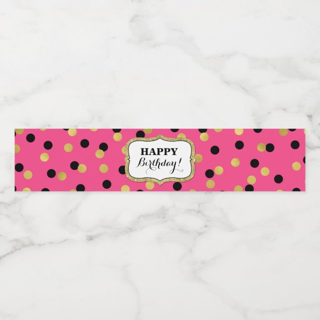 Fuchsia Black Gold Confetti Happy Birthday! Water Bottle Label (Single Label)