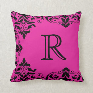 Fuchsia & Black Monogram Damask Pillow