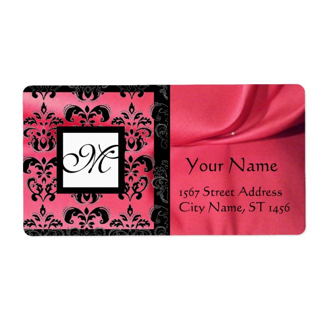FUCHSIA BLACK PINK SILK DAMASK, SQUARE MONOGRAM (Front)