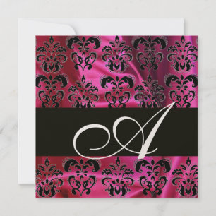 FUCHSIA BLACK SILK DAMASK MONOGRAM , Gold Metal Invitation