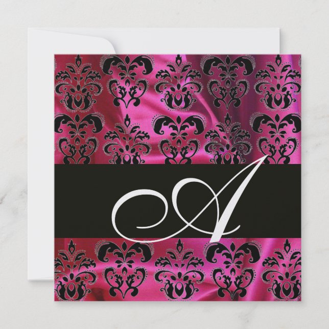 FUCHSIA  BLACK SILK DAMASK MONOGRAM ,White Ice Invitation (Front)