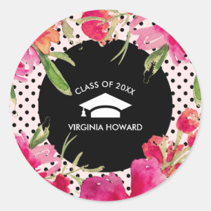 Fuchsia Black Watercolor Floral Graduation Classic Round Sticker