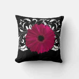 Fuchsia, Black/White Gerbera Daisy Throw Pillow