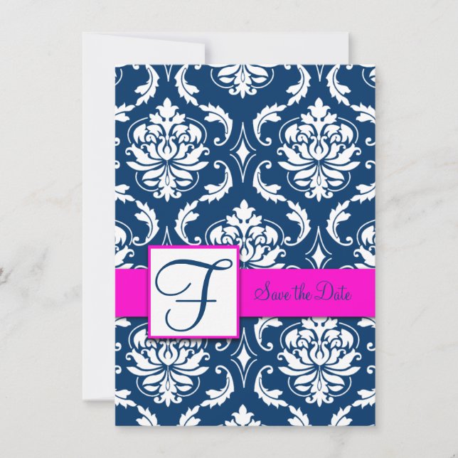 Fuchsia Blue Damask Enregistrer la carte Date (Devant)