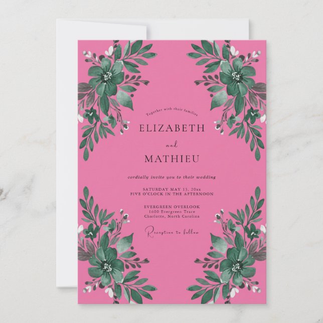 Fuchsia Botanical Watercolor Wedding Invitation (Front)