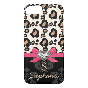 Fuchsia Bow Heart Shaped Faux Bling Leopard Print Case-Mate iPhone Case