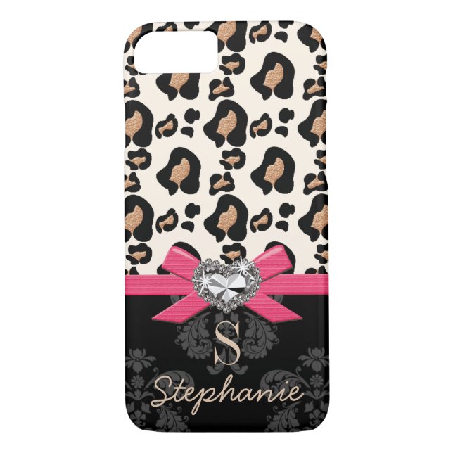 Fuchsia Bow Heart Shaped Faux Bling Leopard Print Case-Mate iPhone Case (Back)