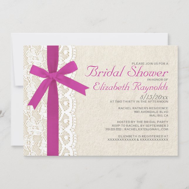 Fuchsia Bow & Lace Bridal Shower Invitations (Front)