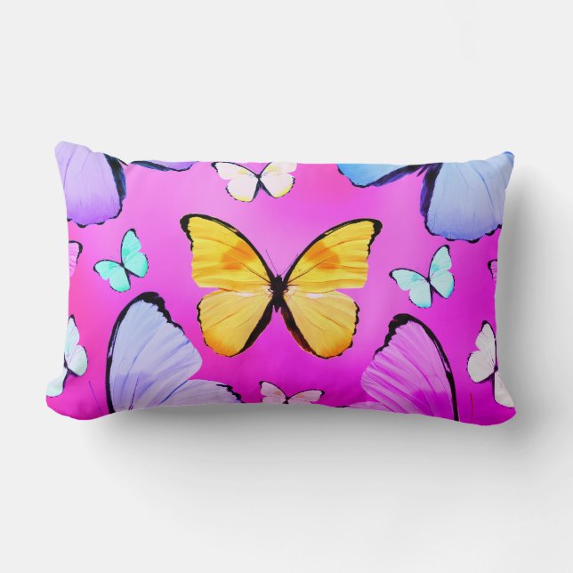 Fuchsia Butterfly Print Lumbar Throw Pillow (Front)