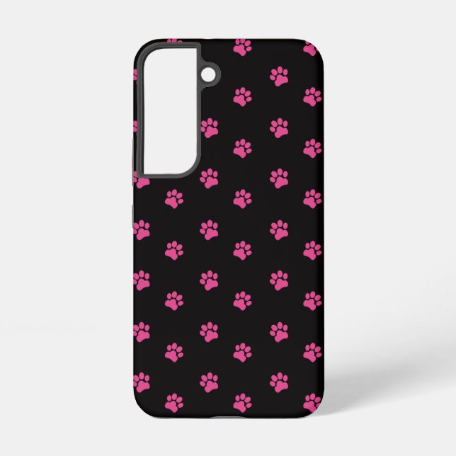  Fuchsia Cat Paw Pattern on Black Background Samsung Galaxy S22 Case (Back)