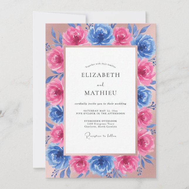 Fuchsia Cerulean Peony Wedding Invitation (Front)