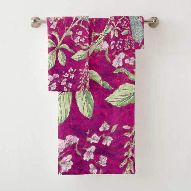 Fuchsia Chinoiserie peacock floral  Bath Towel Set (Insitu)