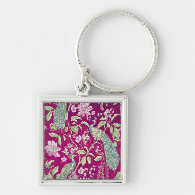 Fuchsia Chinoiserie peacock floral  Keychain (Front)