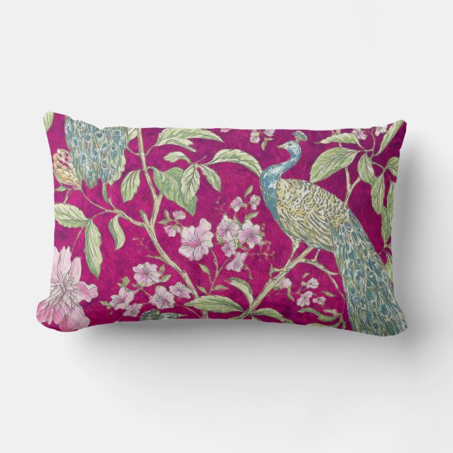 Fuchsia Chinoiserie peacock floral  Lumbar Pillow (Front)