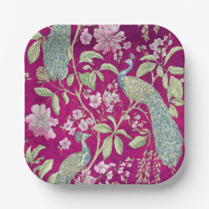 Fuchsia Chinoiserie peacock floral  Paper Plate