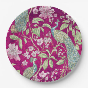 Fuchsia Chinoiserie peacock floral Paper Plate