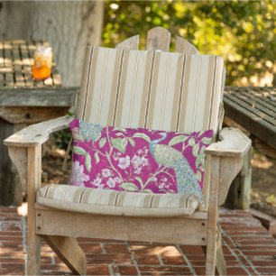 Fuchsia Chinoiserie Peacock Floral Patio Outdoor Lumbar Pillow