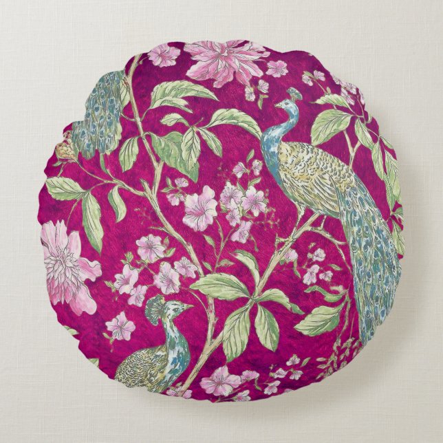 Fuchsia Chinoiserie peacock floral  Round Pillow (Front)