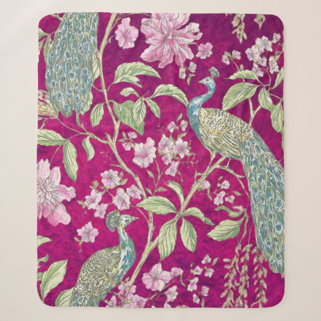 Fuchsia Chinoiserie peacock floral  Sherpa Blanket (Front)