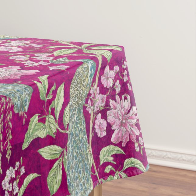 Fuchsia Chinoiserie peacock floral  Tablecloth (In Situ)