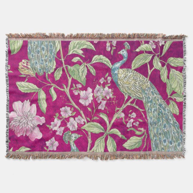 Fuchsia Chinoiserie peacock floral  Throw Blanket (Front)