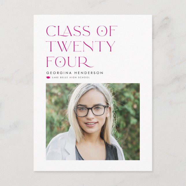 Fuchsia Class of 2024 Modern Minimalist Graduation Announcement Postcard (Front)