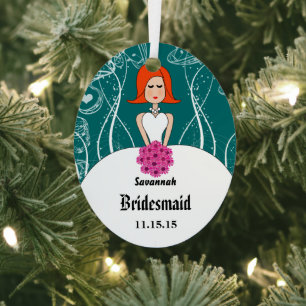 Fuchsia & Coral Wedding Red Hair  Bridesmaid Metal Ornament