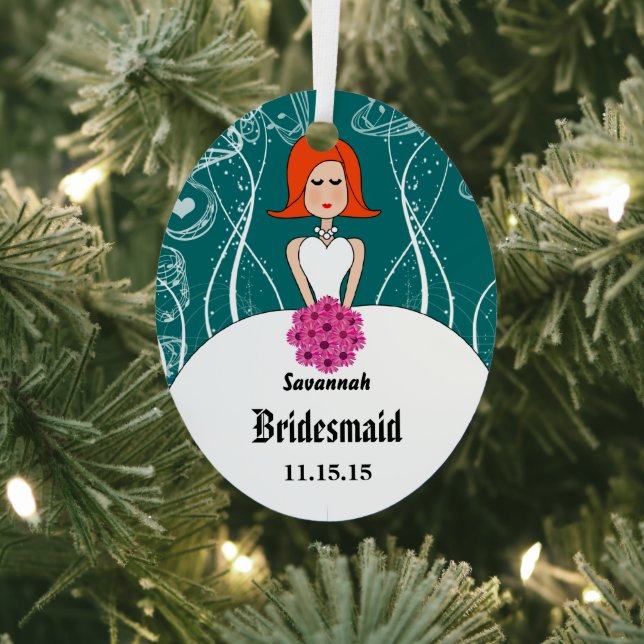 Fuchsia & Coral Wedding Red Hair  Bridesmaid Metal Ornament (Insitu)