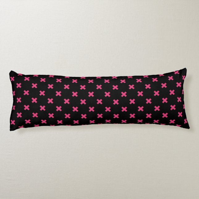 Fuchsia cross stitches on black body pillow (Back)