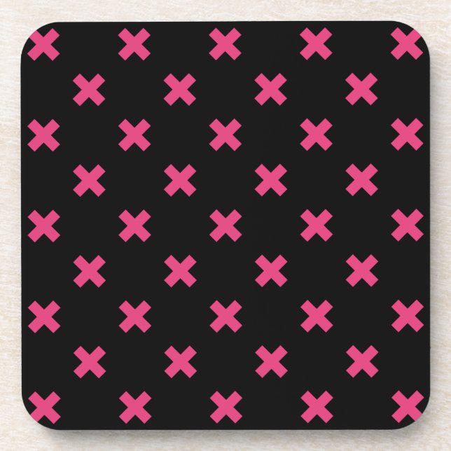Fuchsia cross stitches on black coaster (Front)