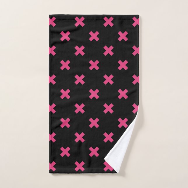 Fuchsia cross stitches on black hand towel (Hand Towel)