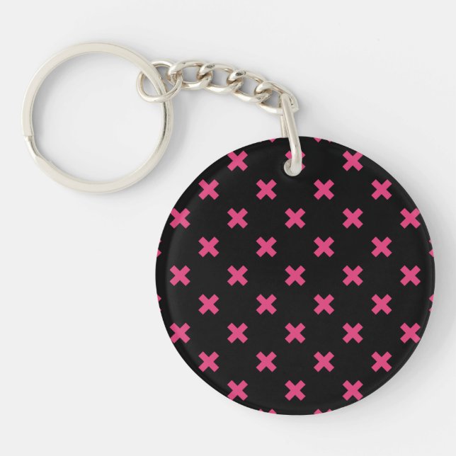 Fuchsia cross stitches on black keychain (Front)