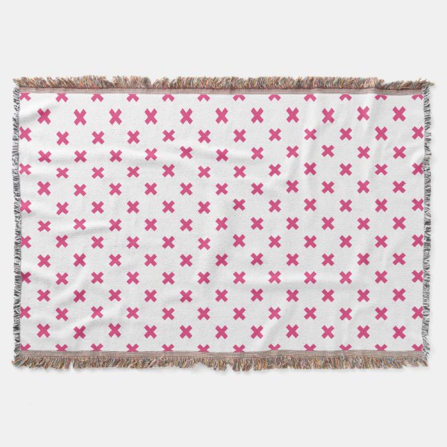 Fuchsia cross stitches on white throw blanket (Front)