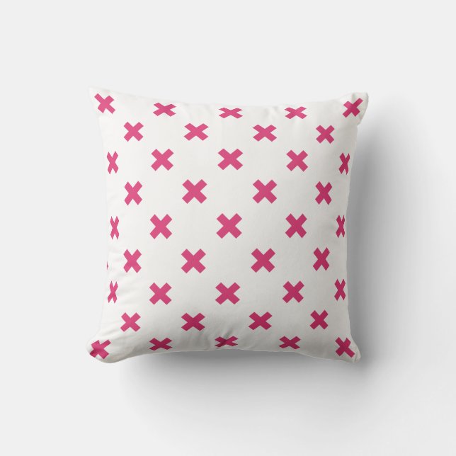 Fuchsia cross stitches on white throw pillow (Front)