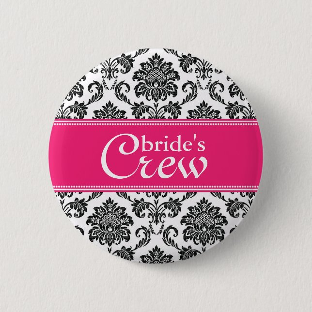 Fuchsia Damask Bride's Crew Button (Front)