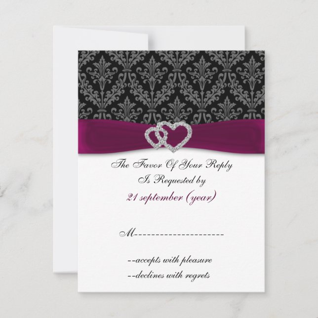 Fuchsia damask FAUX ribbon diamante Wedding RSVP Card (Front)