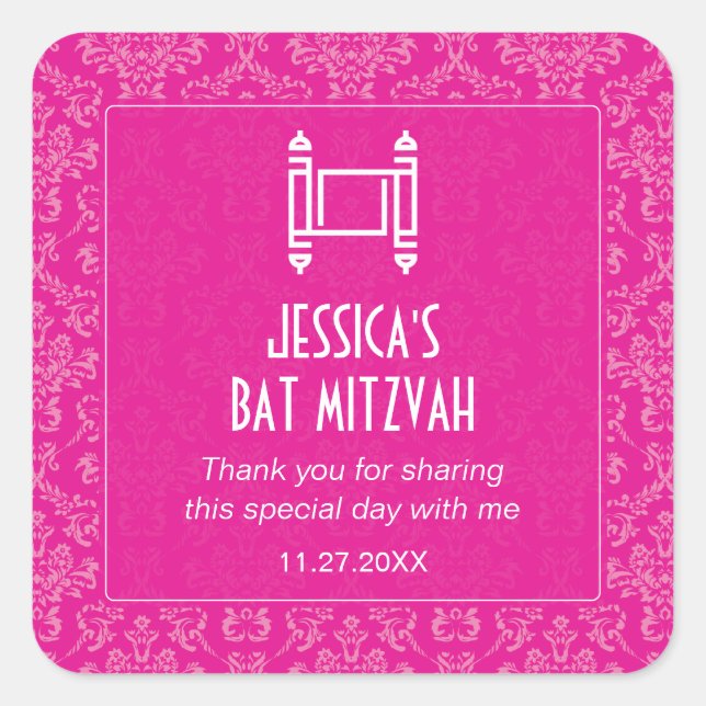 Fuchsia Damask Torah Bat Mitzvah Square Sticker (Front)