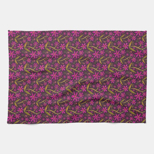 Fuchsia | Dancing Watercolor Daisies Kitchen Towel (Horizontal)