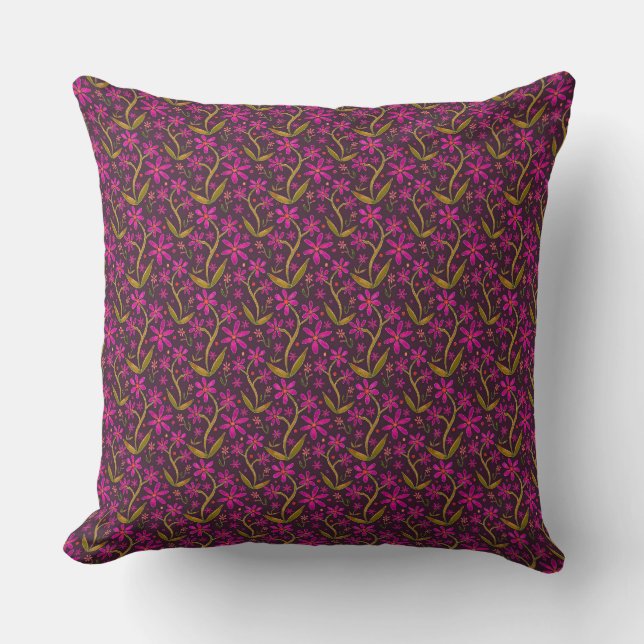 Fuchsia | Dancing Watercolor Daisies Throw Pillow (Front)