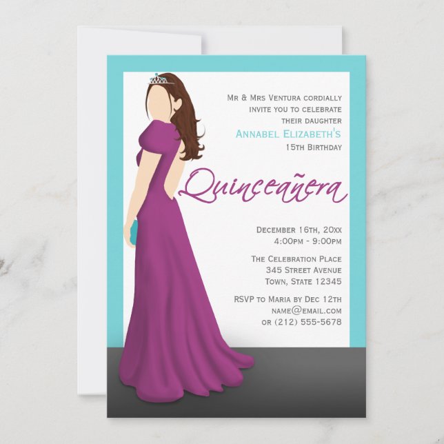 Fuchsia Dress Tiara Turquoise Quinceañera Invitation (Front)